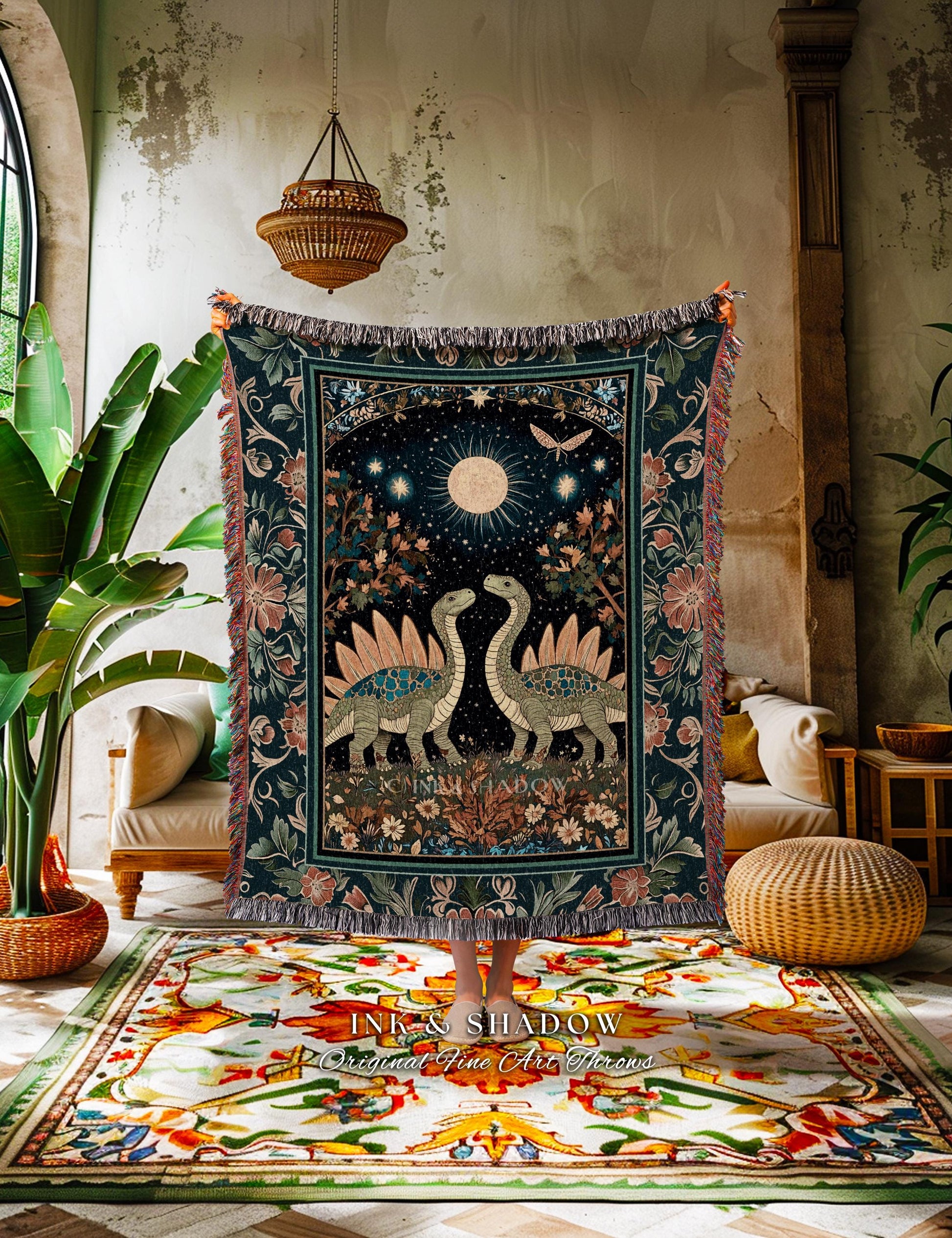 Whimsical Forestcore Mystical Dinosaur Tapestry Throw Starry Night Enchanted Woodland Decor, Magic Celestial Cottagecore Stegosaurus Blanket