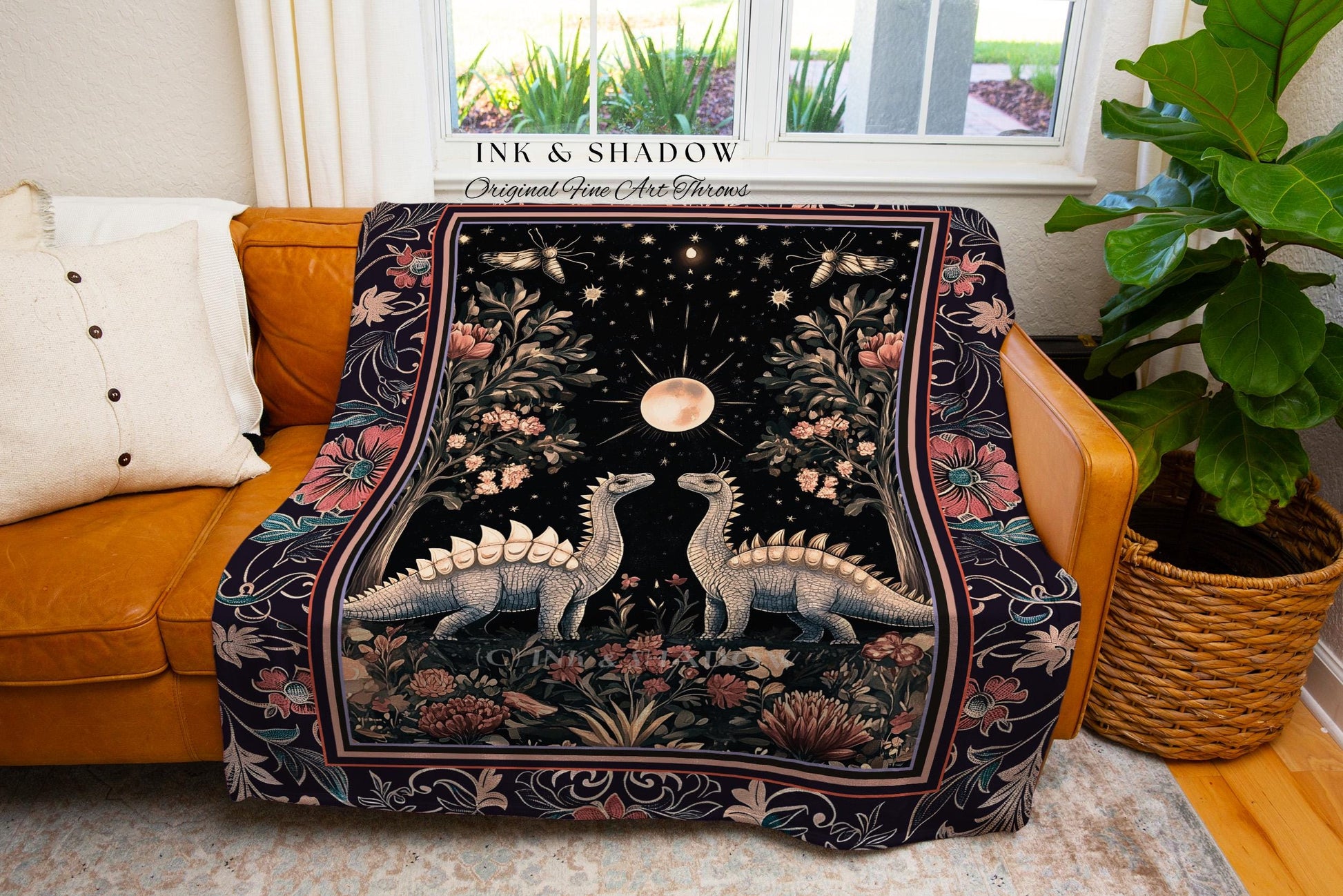 Enchanted Forest Stegosaurus Blanket Celestial Dinosaur Witchy Cottagecore Whimsigoth Decor, Moonlit Woodland Gothic Jurassic Tapestry Throw