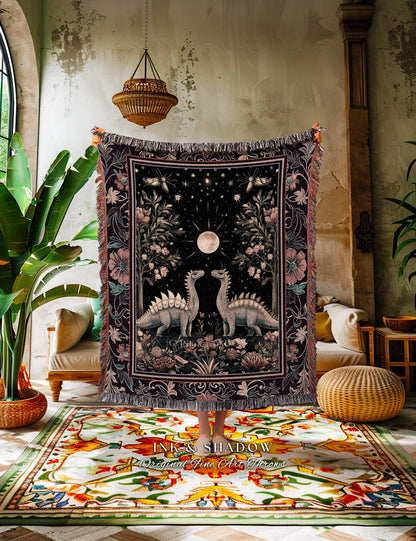 Enchanted Forest Stegosaurus Blanket Celestial Dinosaur Witchy Cottagecore Whimsigoth Decor, Moonlit Woodland Gothic Jurassic Tapestry Throw