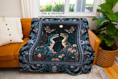 Celestial T-Rex Dinosaur Blanket Enchanted Night Garden Moonlit Tapestry Throw, Vintage Indigo Blue Whimsigoth Whimsical Jurassic Forestcore