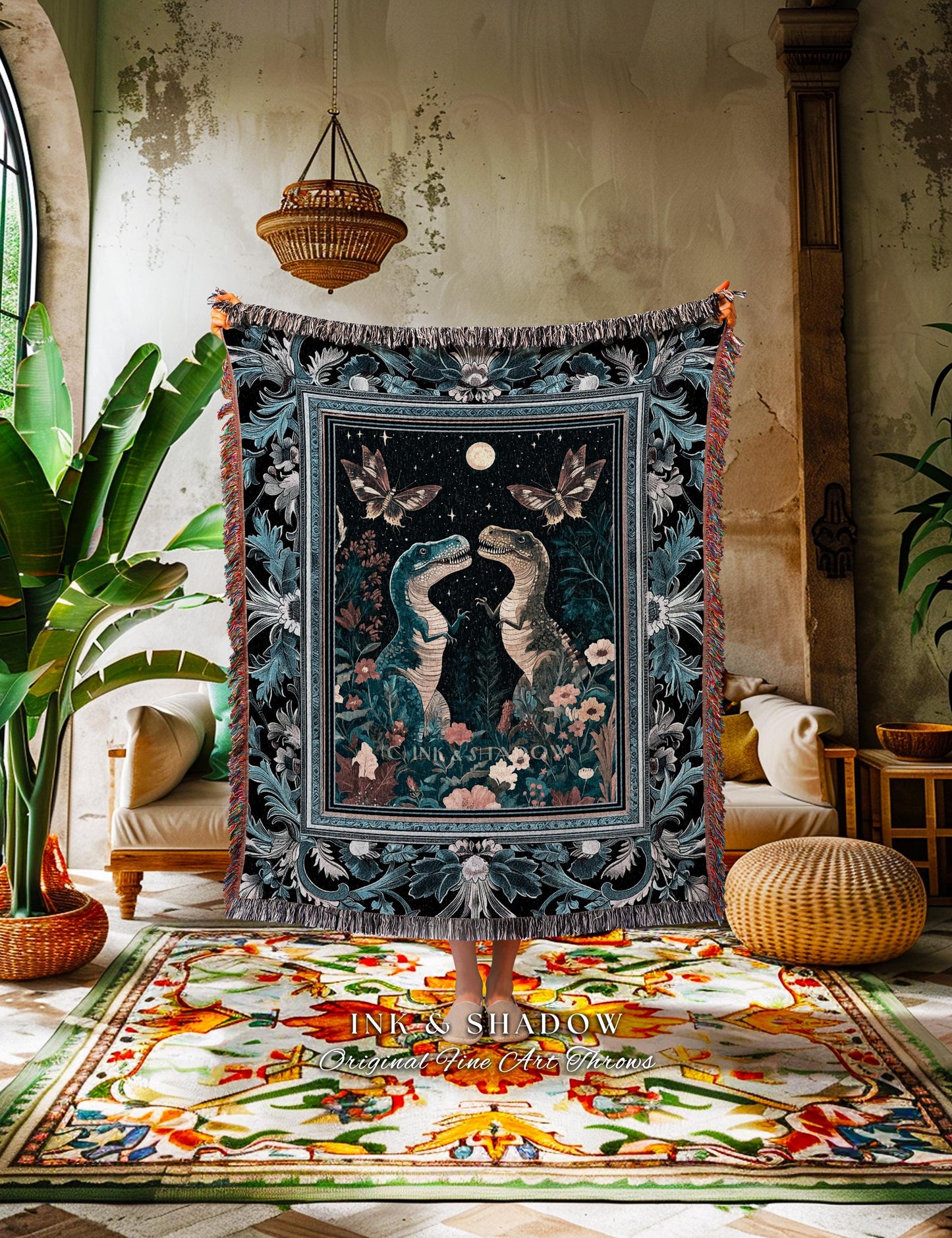 Celestial T-Rex Dinosaur Blanket Enchanted Night Garden Moonlit Tapestry Throw, Vintage Indigo Blue Whimsigoth Whimsical Jurassic Forestcore