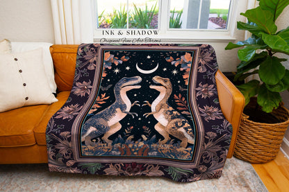 Whimsigoth Dinosaur Blanket Celestial T-Rex Tapestry Throw, Mystic Jurassic Forest Fairycore Enchanted Starry Night Witchy Magic Cottagecore