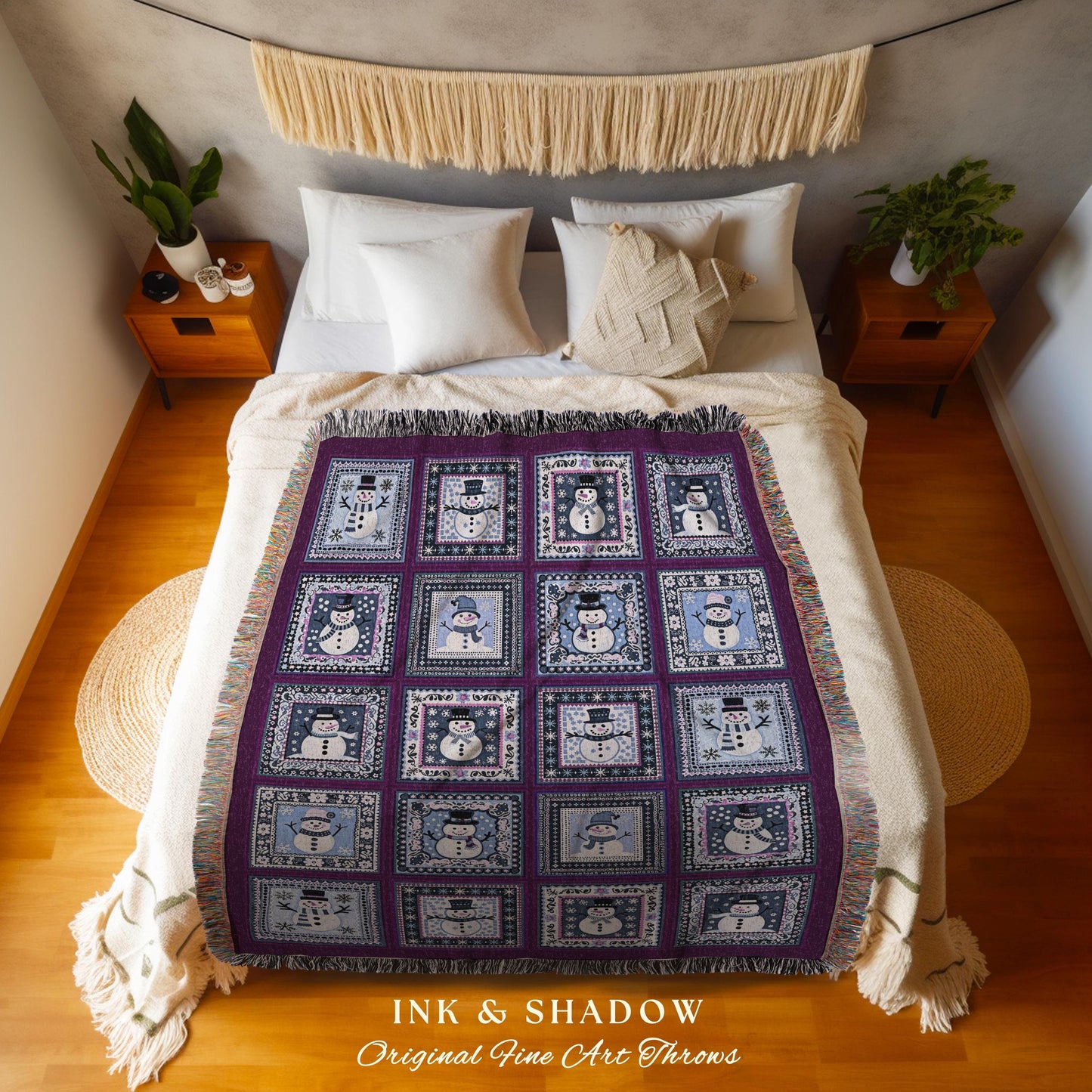 Retro Purple Snowman Patchwork Blanket Winter Wonderland Decor | Boho Cottagecore Christmas Throw Vintage Scandinavian Folk Art Holiday Home