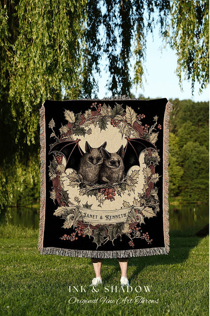 Vintage Bat Blanket Custom Couples Gift Gothic Wedding Custom Blanket Woven | Gift for Goth Couple Holiday Tapestry Bat Blanket Gothic Decor