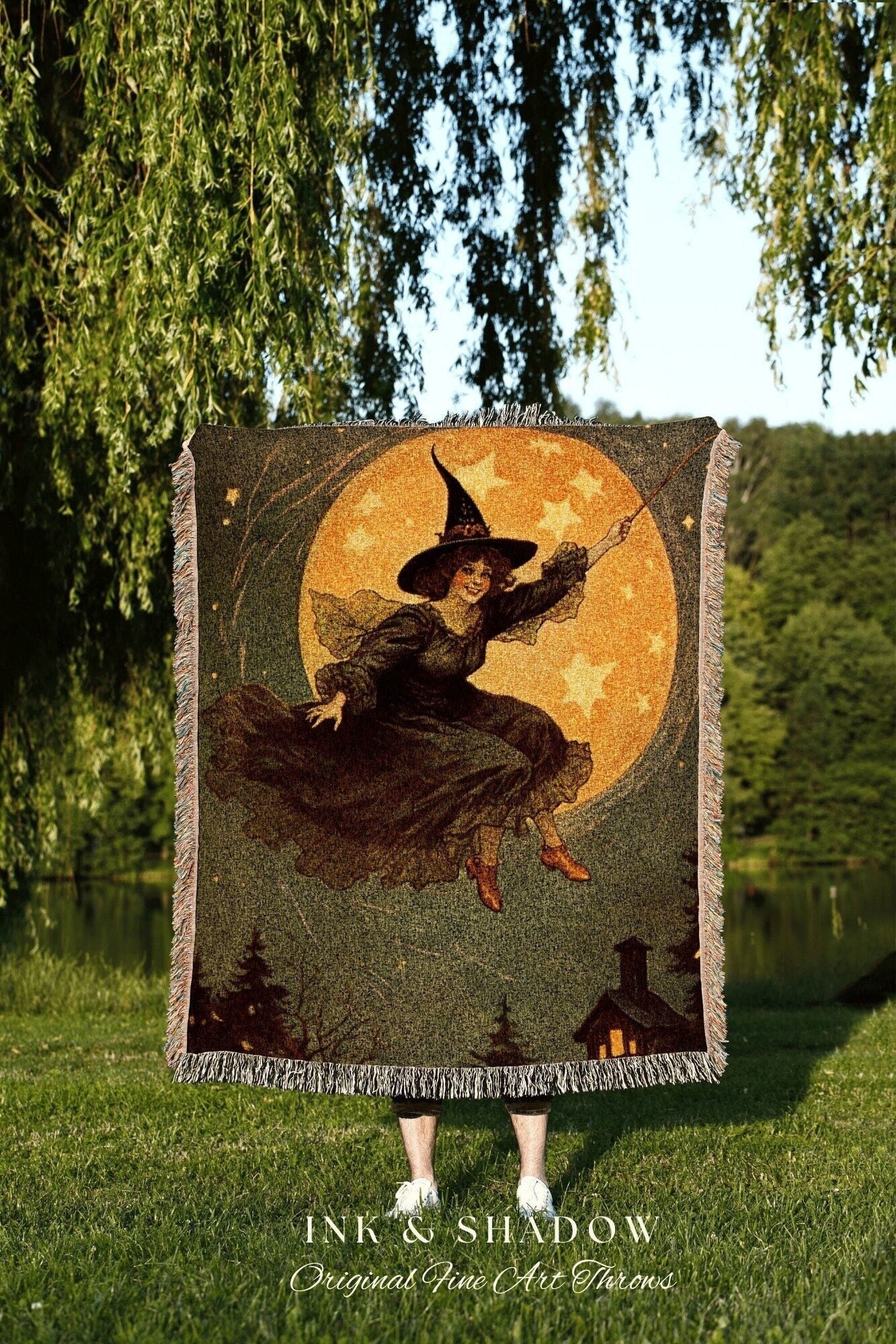 Full Moon Witch Blanket Tapestry Art Blanket Halloween Retro Aesthetic | Witchy Room Decor Goth Aesthetic Halloween | Antique Halloween Art