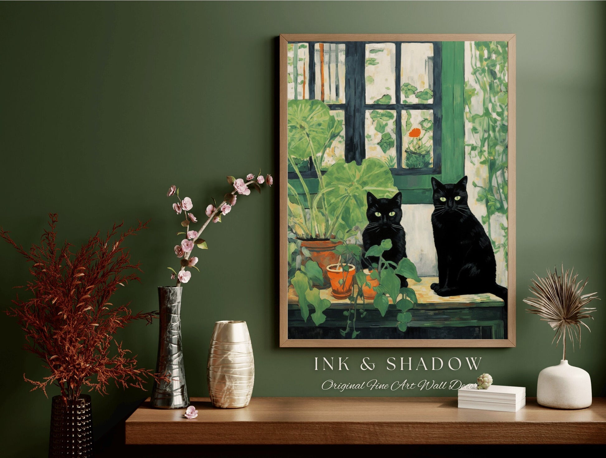 Botanical Poster Print Goth Bedroom Decor Black Cat Art | Tapestry Cat Poster Printable Wall Decor Whimsical Bedroom Wall Art Cat Painting |