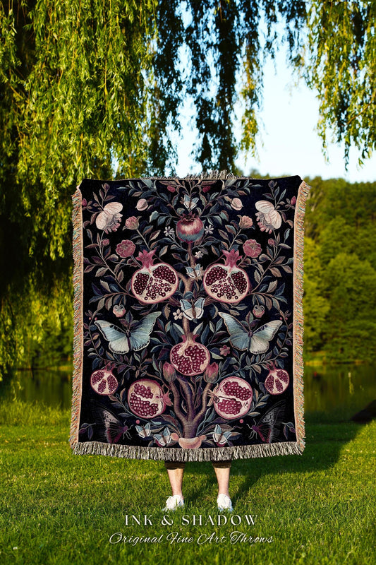 Whimsical Pomegranate Blanket Enchanted Woodland Tapestry Throw | Dark Academia Vintage Floral Aesthetic Butterfly Woven Art Ethereal Decor