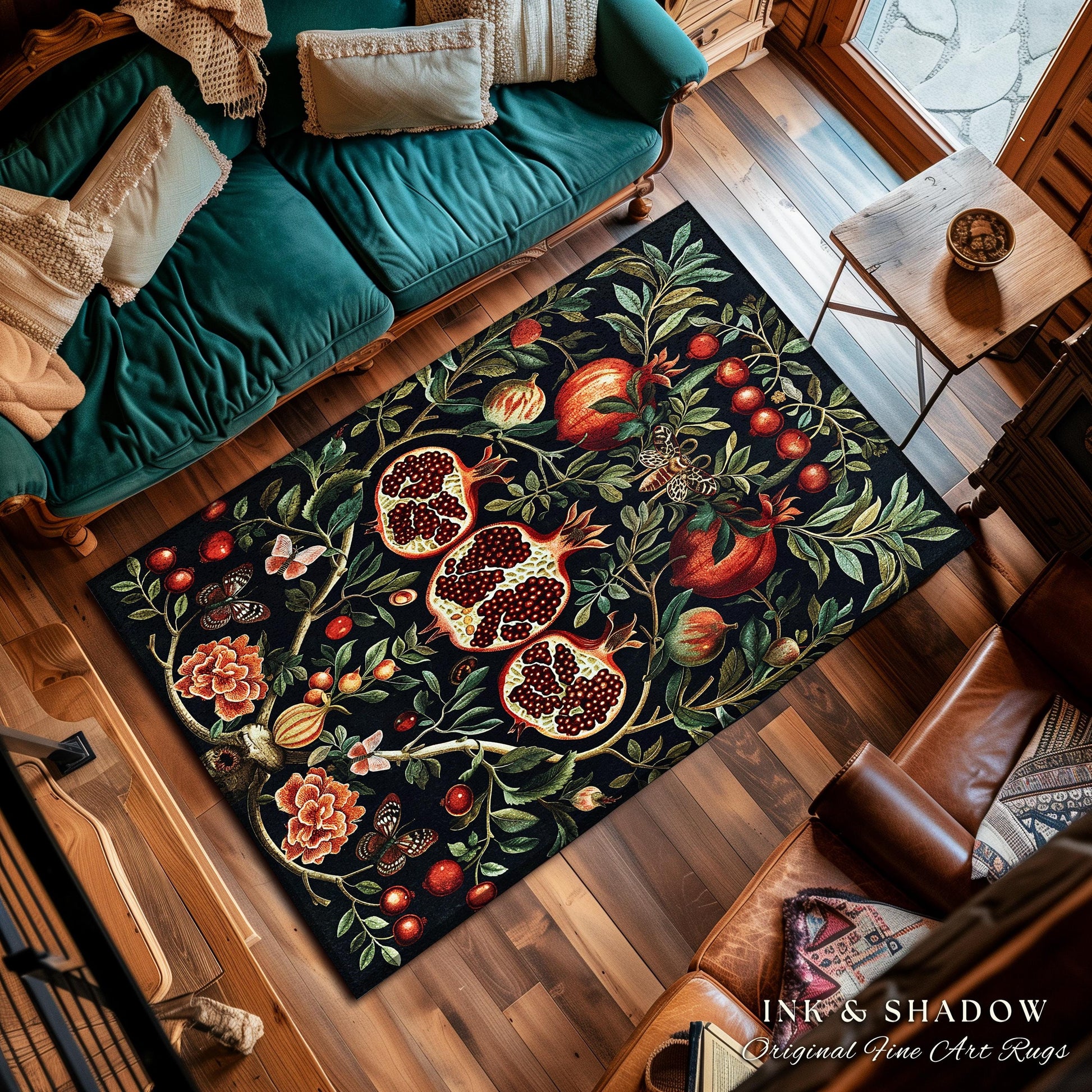 Botanical Pomegranate Enchanted Floral Whimsigothic Rug | Dark Academia Woodland Gothic Vintage Butterfly Moth Art Cottagegoth Occult Decor