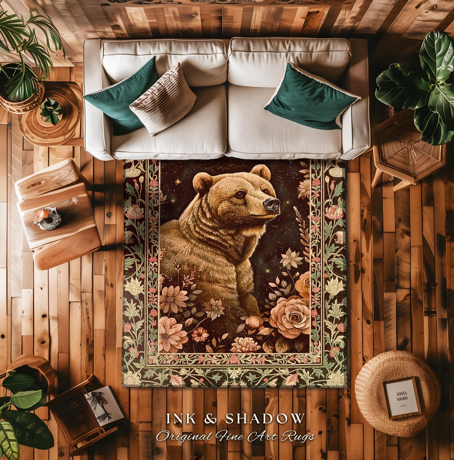 Enchanted Grizzly Bear Rug Mystical Floral Woodland Vintage Cottagecore | Forestcore Botanical Art Rustic Decor Fairycore Aesthetic Accent