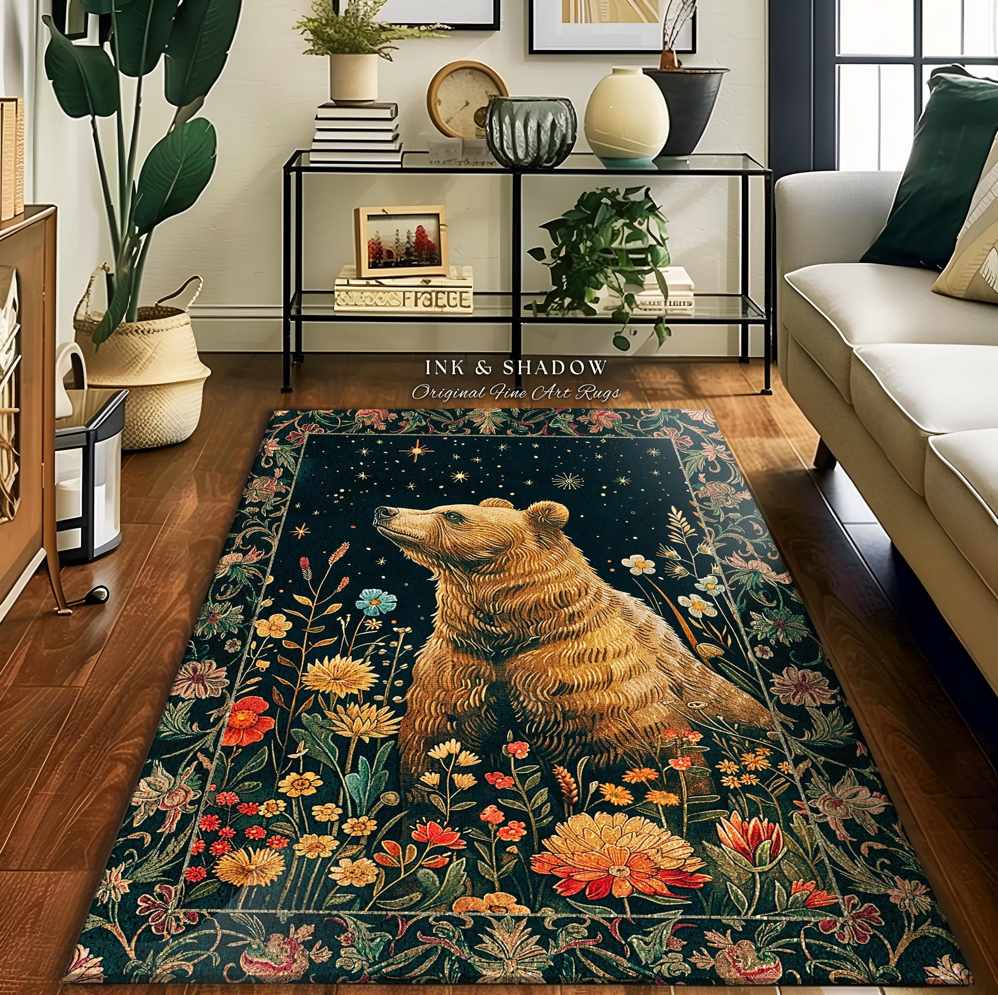 Whimsical Wildflower Starry Night Bear Rug Enchanted Forestcore Cottagegoth | Boho Cottagecore Witchy Dark Floral Wildlife Whimsigothic Art