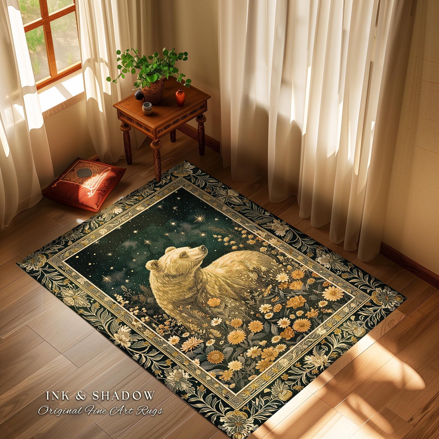 Golden Starlit Grizzly Bear Rug Mystical Meadow Whimsical Wildflower Decor | Vintage Forestcore Cottagecore Celestial Woodland Animal Art