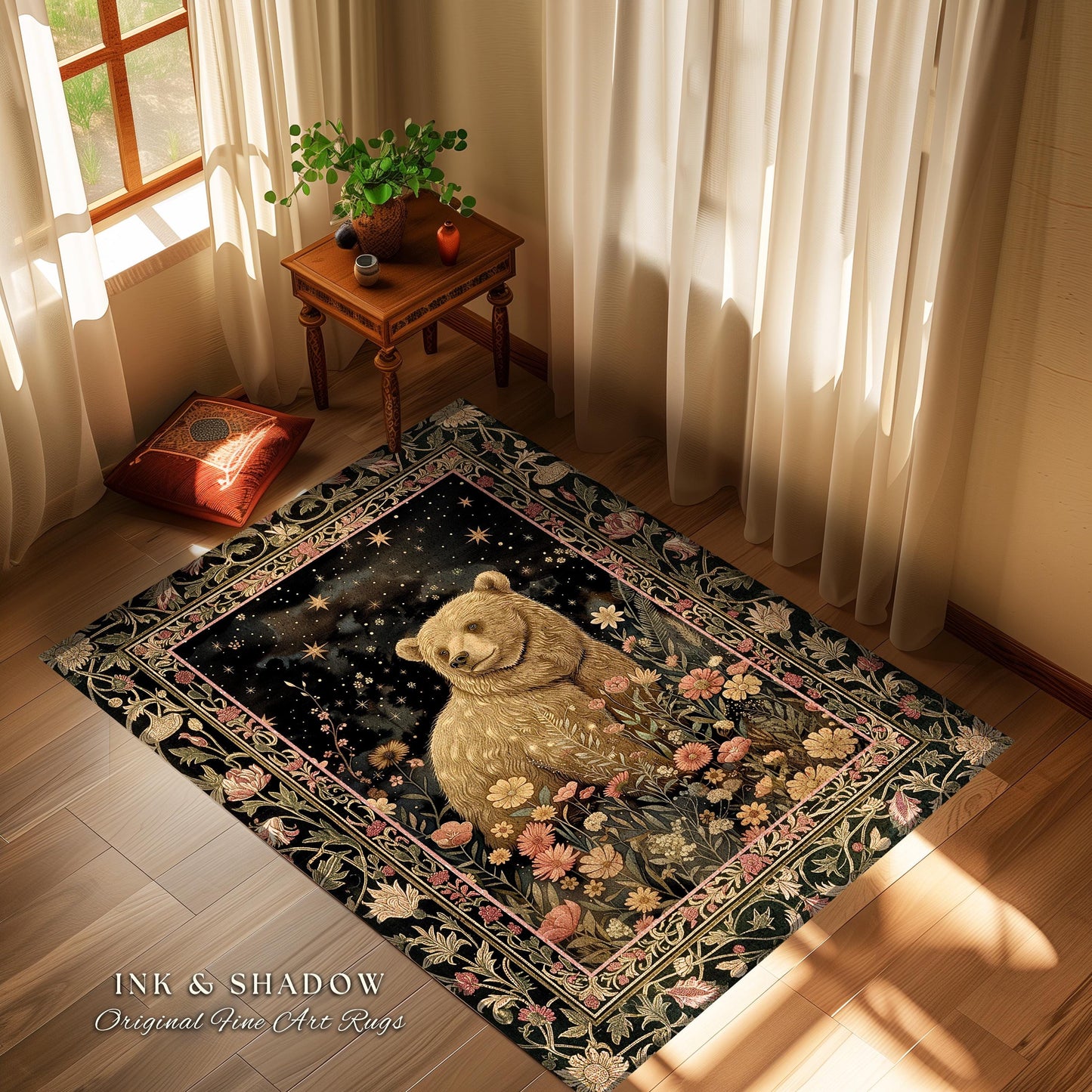 Fairytale Bear Rug Enchanted Woodland Celestial Wildflower Starscape | Whimsical Dark Floral Fairycore Magic Whimsigoth Foestcore Home Decor