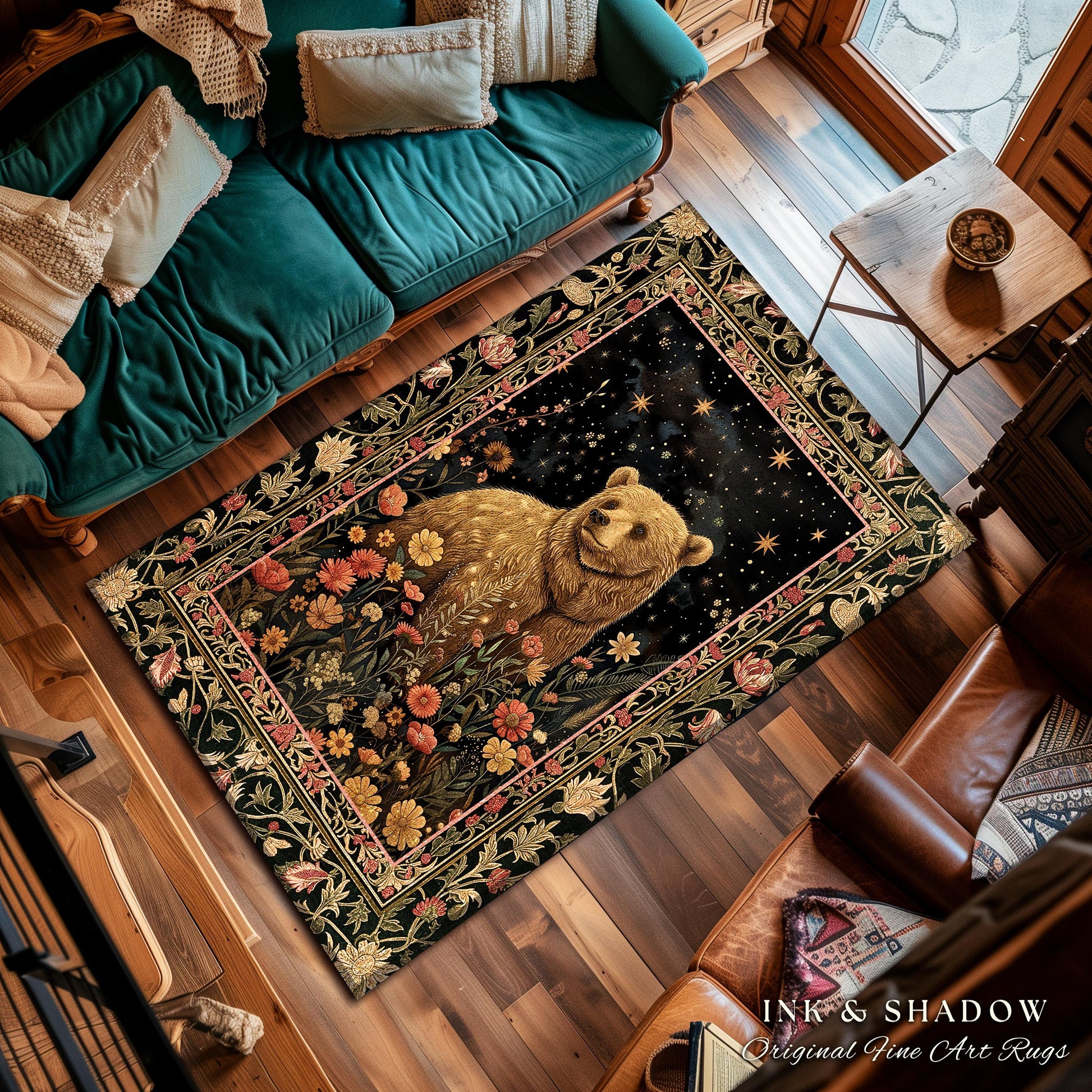 Fairytale Bear Rug Enchanted Woodland Celestial Wildflower Starscape | Whimsical Dark Floral Fairycore Magic Whimsigoth Foestcore Home Decor