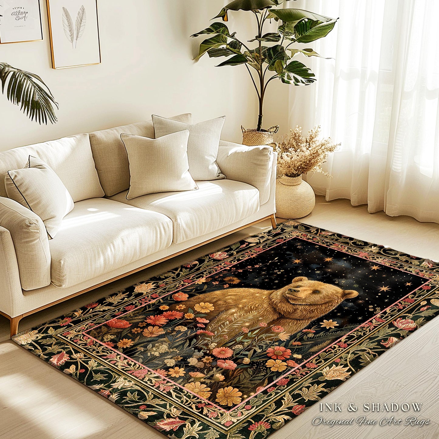 Fairytale Bear Rug Enchanted Woodland Celestial Wildflower Starscape | Whimsical Dark Floral Fairycore Magic Whimsigoth Foestcore Home Decor