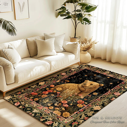 Fairytale Bear Rug Enchanted Woodland Celestial Wildflower Starscape | Whimsical Dark Floral Fairycore Magic Whimsigoth Foestcore Home Decor