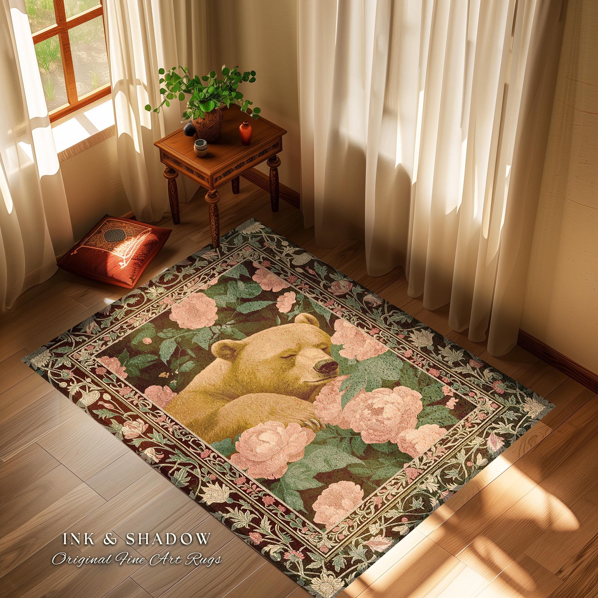 Sleeping Bear Flower Garden Rug Dreamy Vintage Whimsical Wildlife Decor | Boho Country Cottage Woodland Whimsy Floral Botanical Forestcore