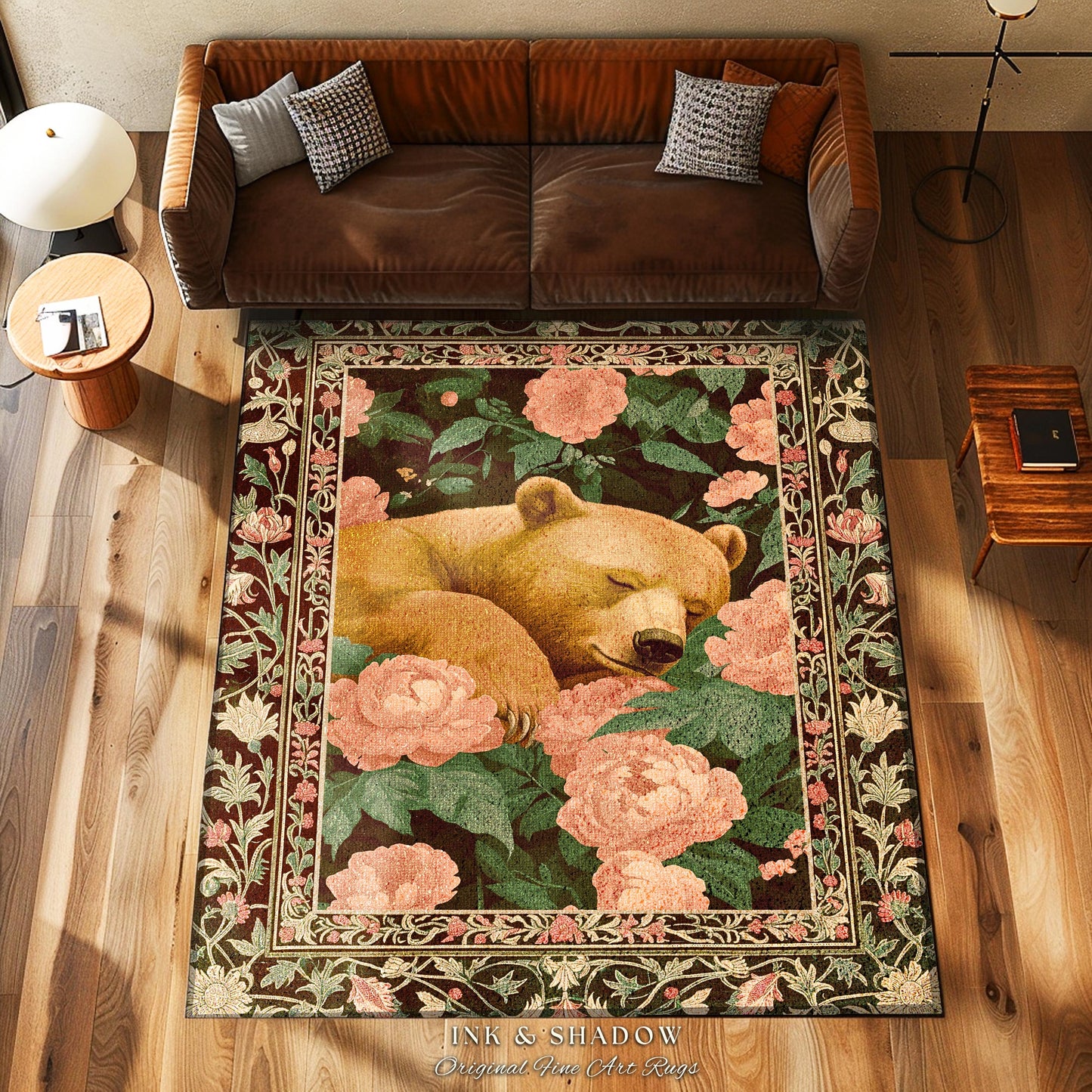 Sleeping Bear Flower Garden Rug Dreamy Vintage Whimsical Wildlife Decor | Boho Country Cottage Woodland Whimsy Floral Botanical Forestcore