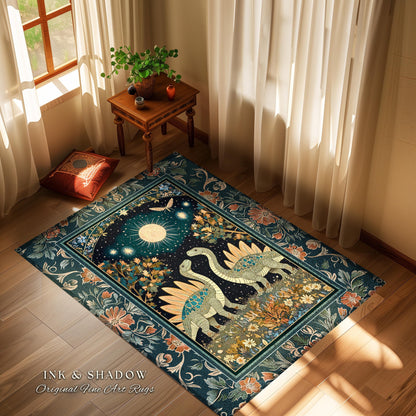 Whimsical Forestcore Mystical Dinosaur Rug Starry Night Enchanted Woodland Decor | Magic Celestial Cottagecore Stegosaurus Art Home Accent