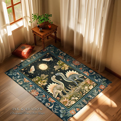 Ethereal Dino Lovers Area Rug | Whimsical Dinosaur Nursery Cushion Moth Ornate Medieval Jurassic Floral Accent Rug Dark Maximalist Art T-Rex