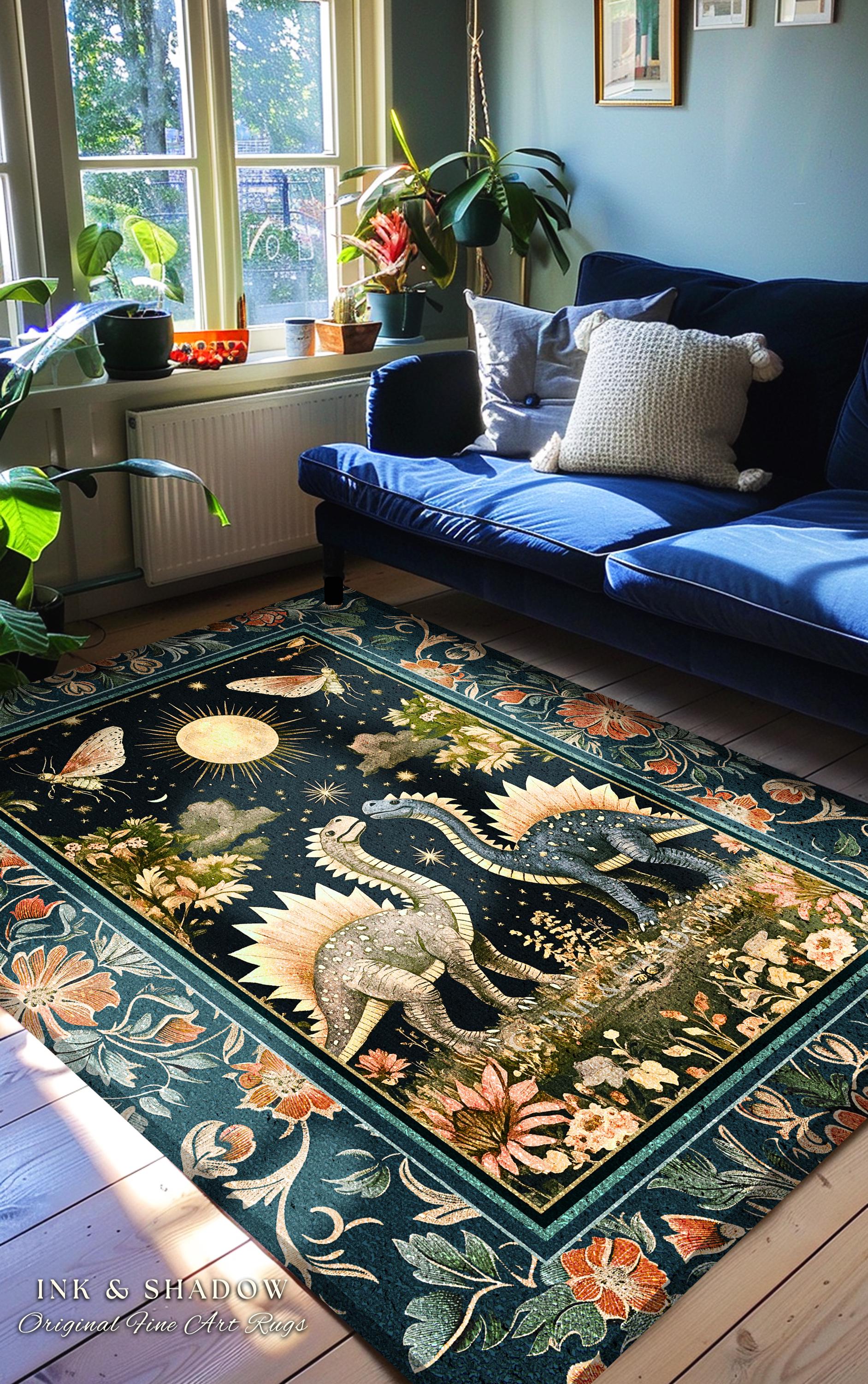 Ethereal Dino Lovers Area Rug | Whimsical Dinosaur Nursery Cushion Moth Ornate Medieval Jurassic Floral Accent Rug Dark Maximalist Art T-Rex