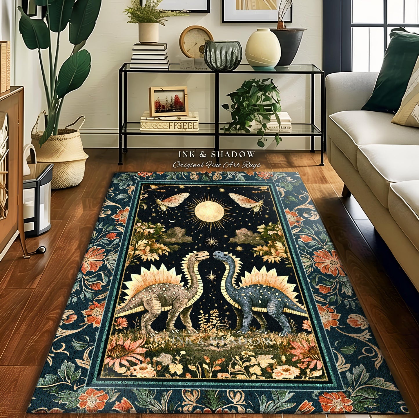 Ethereal Dino Lovers Area Rug | Whimsical Dinosaur Nursery Cushion Moth Ornate Medieval Jurassic Floral Accent Rug Dark Maximalist Art T-Rex