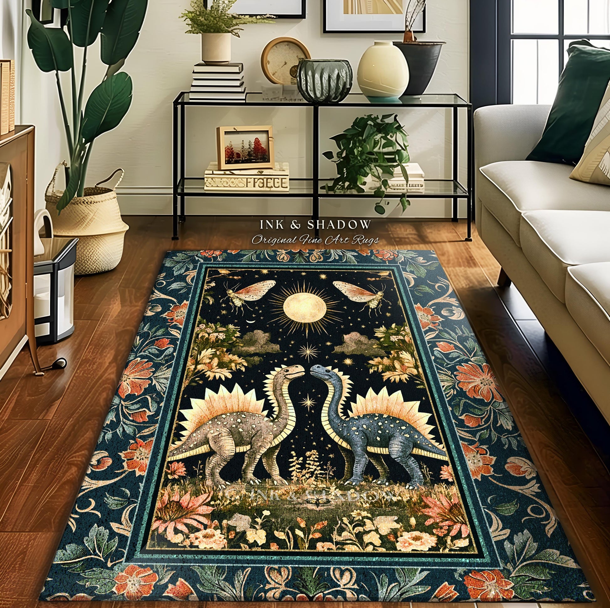 Ethereal Dino Lovers Area Rug | Whimsical Dinosaur Nursery Cushion Moth Ornate Medieval Jurassic Floral Accent Rug Dark Maximalist Art T-Rex