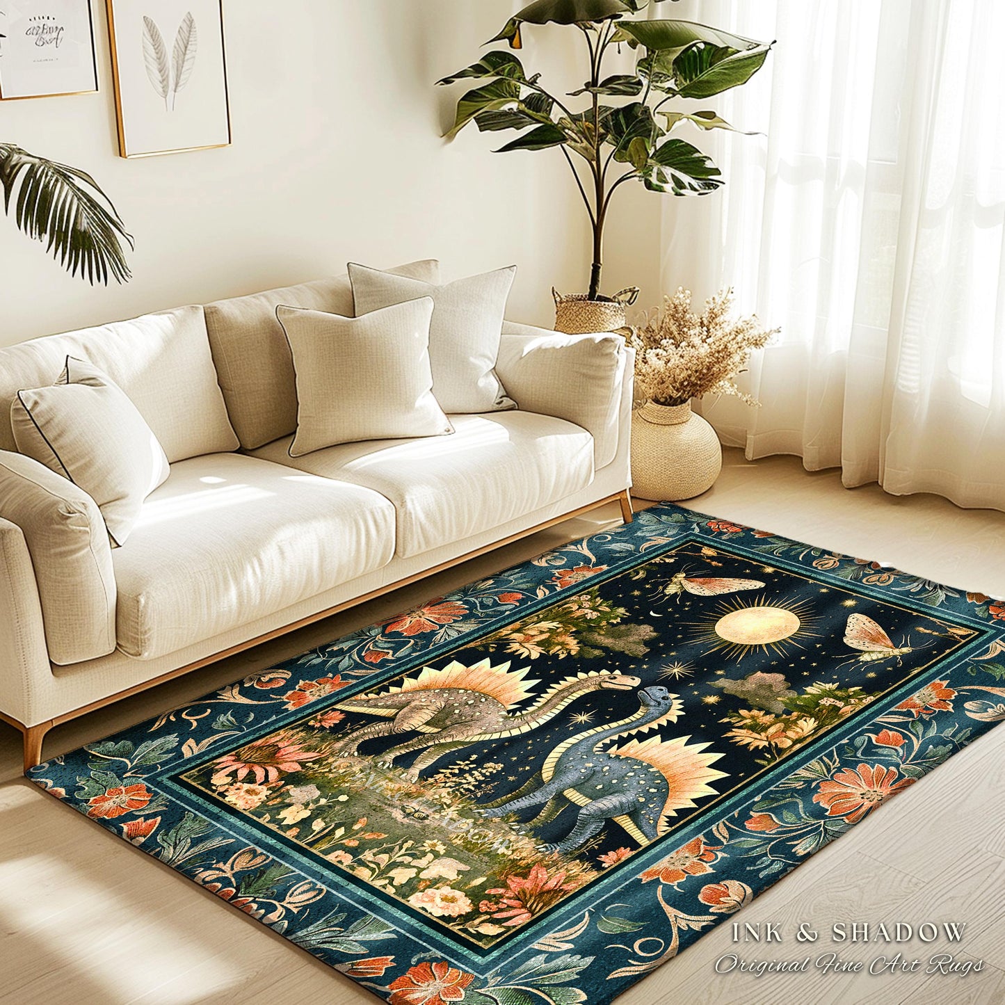 Ethereal Dino Lovers Area Rug | Whimsical Dinosaur Nursery Cushion Moth Ornate Medieval Jurassic Floral Accent Rug Dark Maximalist Art T-Rex