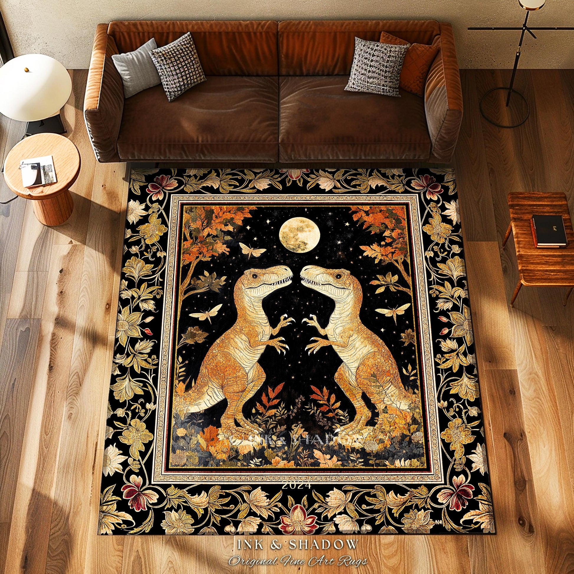 Regal Dinosaur Lovers Rug Antique Gold Baroque Botanical Moonlit Night Decor | Dark Academia Celestial T-Rex Art Ornate Whimsigothic Accent