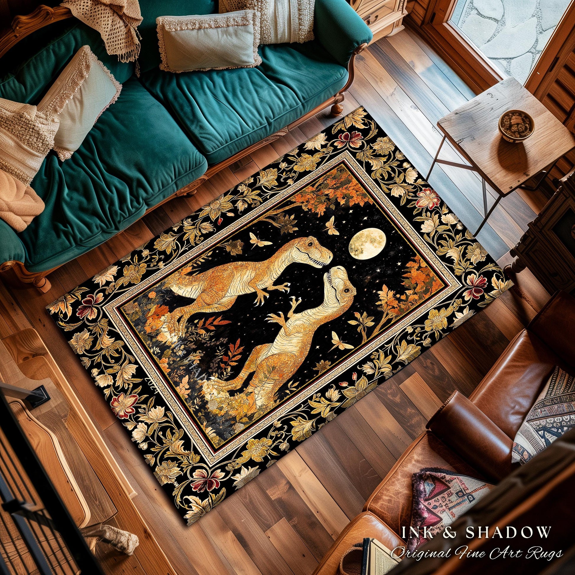 Regal Dinosaur Lovers Rug Antique Gold Baroque Botanical Moonlit Night Decor | Dark Academia Celestial T-Rex Art Ornate Whimsigothic Accent