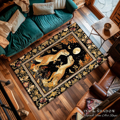 Regal Dinosaur Lovers Rug Antique Gold Baroque Botanical Moonlit Night Decor | Dark Academia Celestial T-Rex Art Ornate Whimsigothic Accent