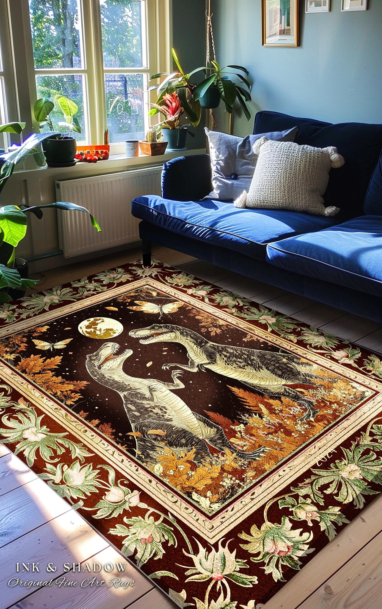 Baroque Dinosaur Rug Ornate Medieval Botanical Nightscape Art | Vintage Dark Academia Woodland Gothic T-Rex Enchanted Forest Fantasy Decor