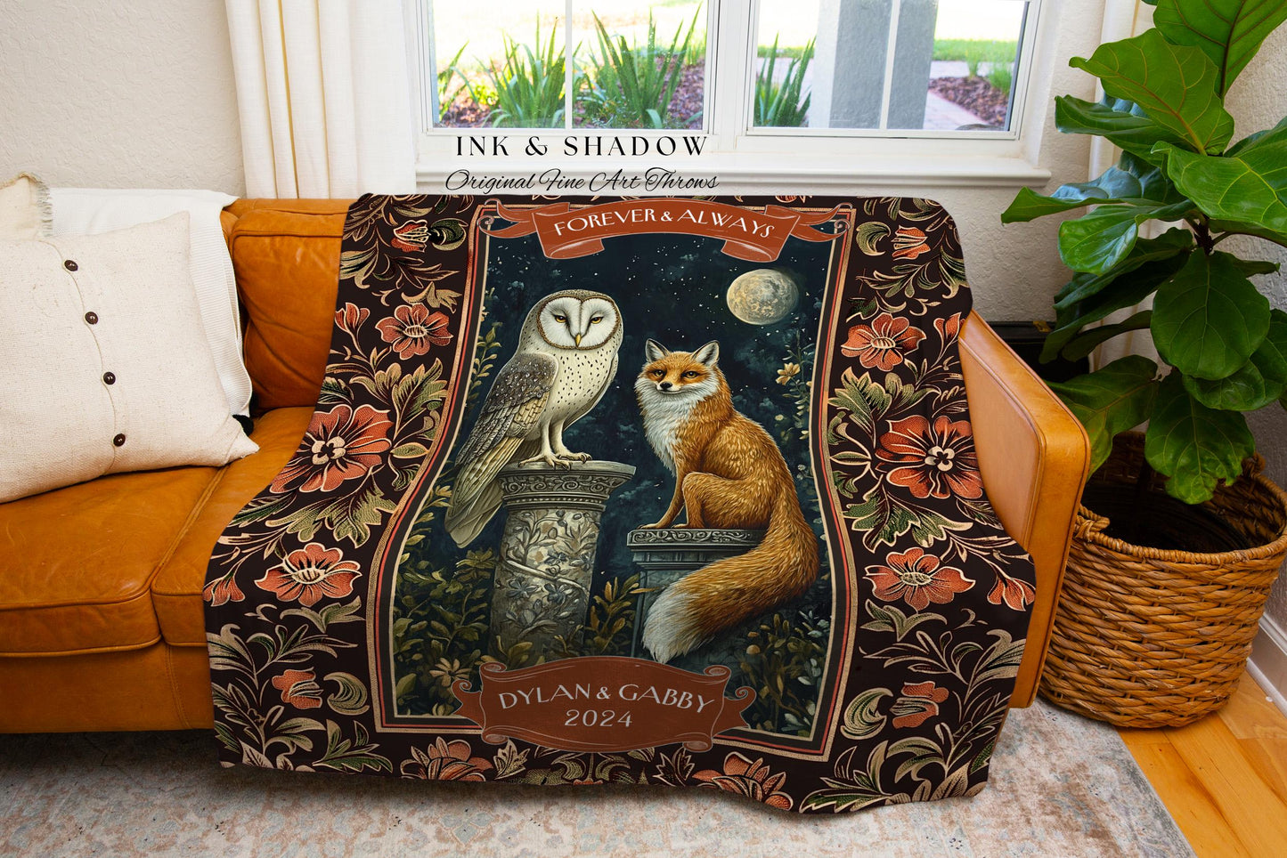 Custom Couple Tapestry Throw Personalized Names Anniversary Blanket Enchanted Nature Whimsical Owl & Fox Woodland Wedding Gift for Couple