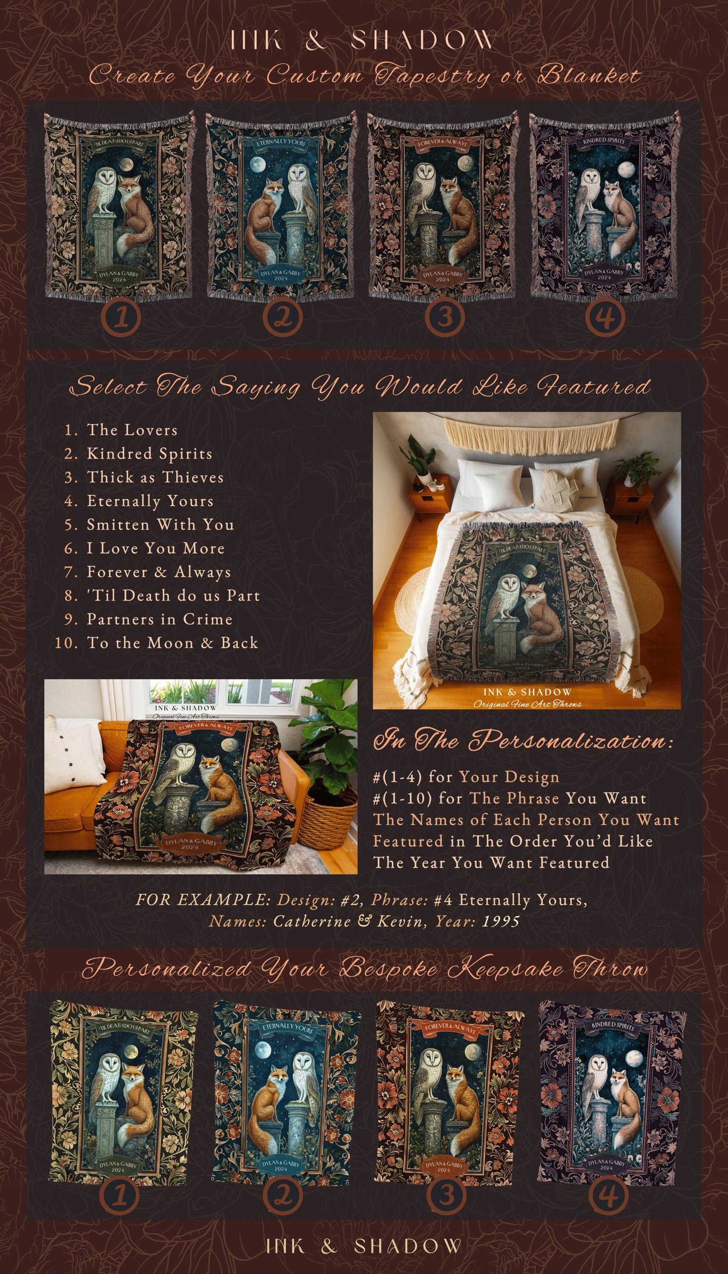 Custom Couple Tapestry Throw Personalized Names Anniversary Blanket Enchanted Nature Whimsical Owl & Fox Woodland Wedding Gift for Couple