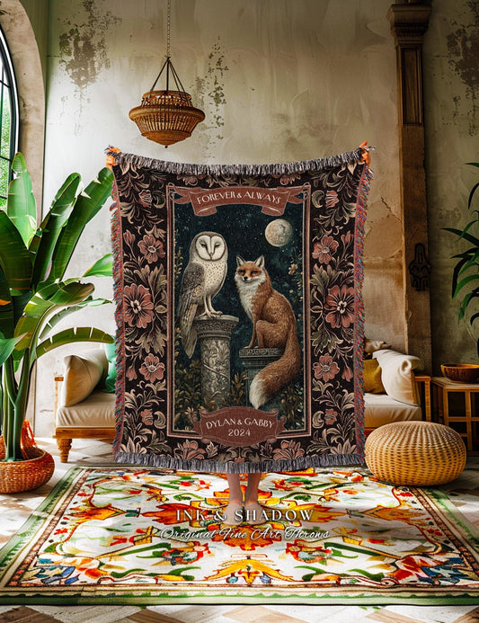 Custom Couple Tapestry Throw Personalized Names Anniversary Blanket Enchanted Nature Whimsical Owl & Fox Woodland Wedding Gift for Couple