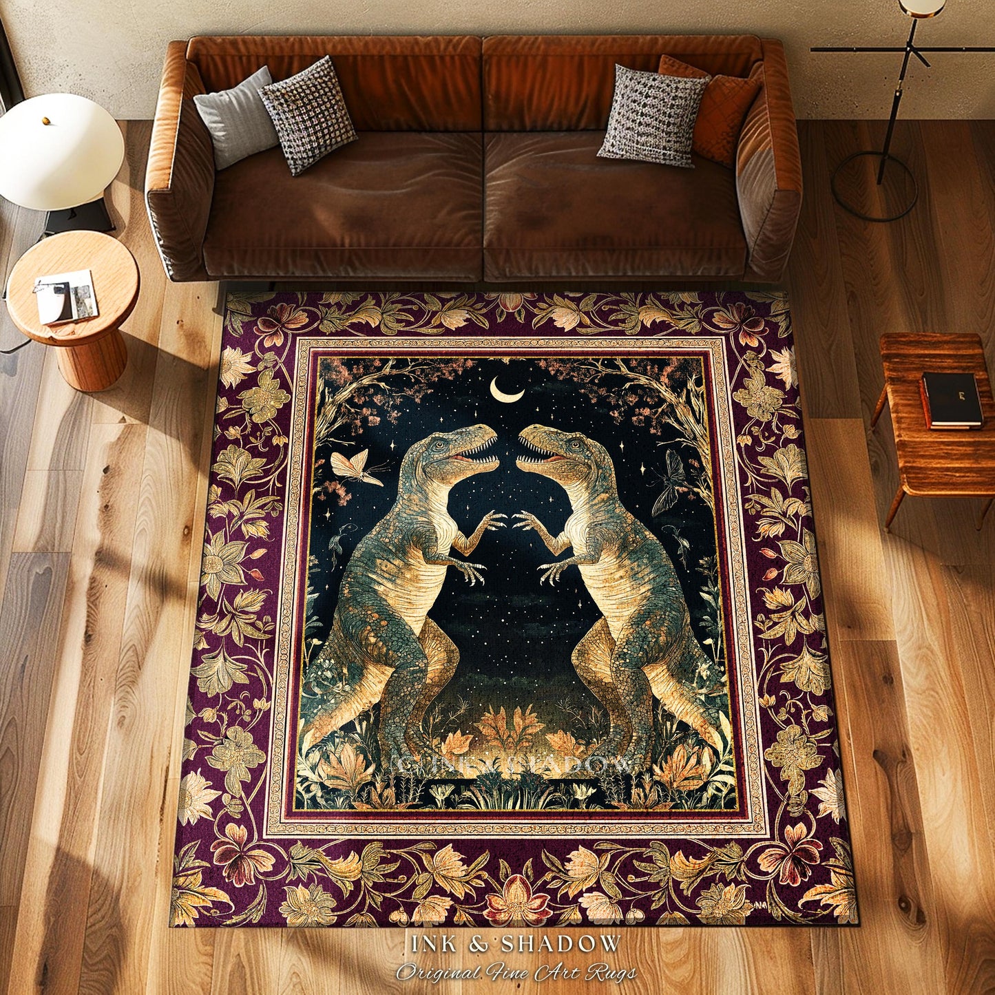 Medieval T-Rex Rug Vintage Celestial Night Sky Enchanted Woodland Gothic Decor, Dark Nature Dinosaur Art Baroque Elegance Folklore Aesthetic