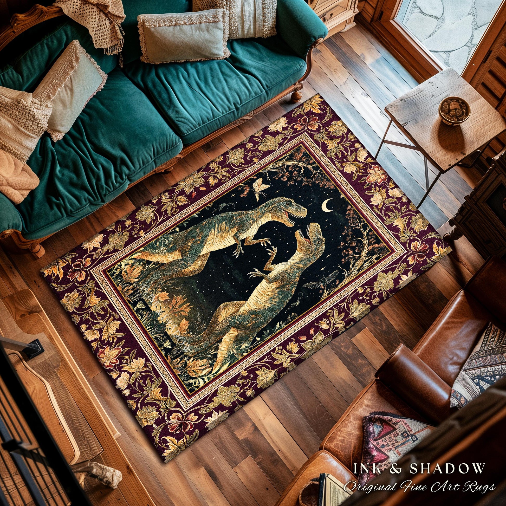 Medieval T-Rex Rug Vintage Celestial Night Sky Enchanted Woodland Gothic Decor, Dark Nature Dinosaur Art Baroque Elegance Folklore Aesthetic