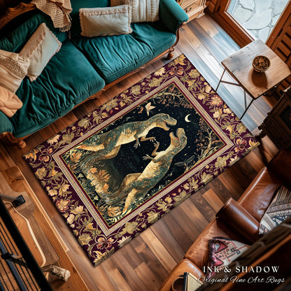 Medieval T-Rex Rug Vintage Celestial Night Sky Enchanted Woodland Gothic Decor, Dark Nature Dinosaur Art Baroque Elegance Folklore Aesthetic