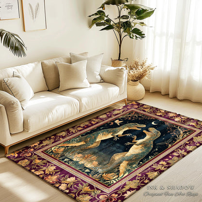 Medieval T-Rex Rug Vintage Celestial Night Sky Enchanted Woodland Gothic Decor, Dark Nature Dinosaur Art Baroque Elegance Folklore Aesthetic