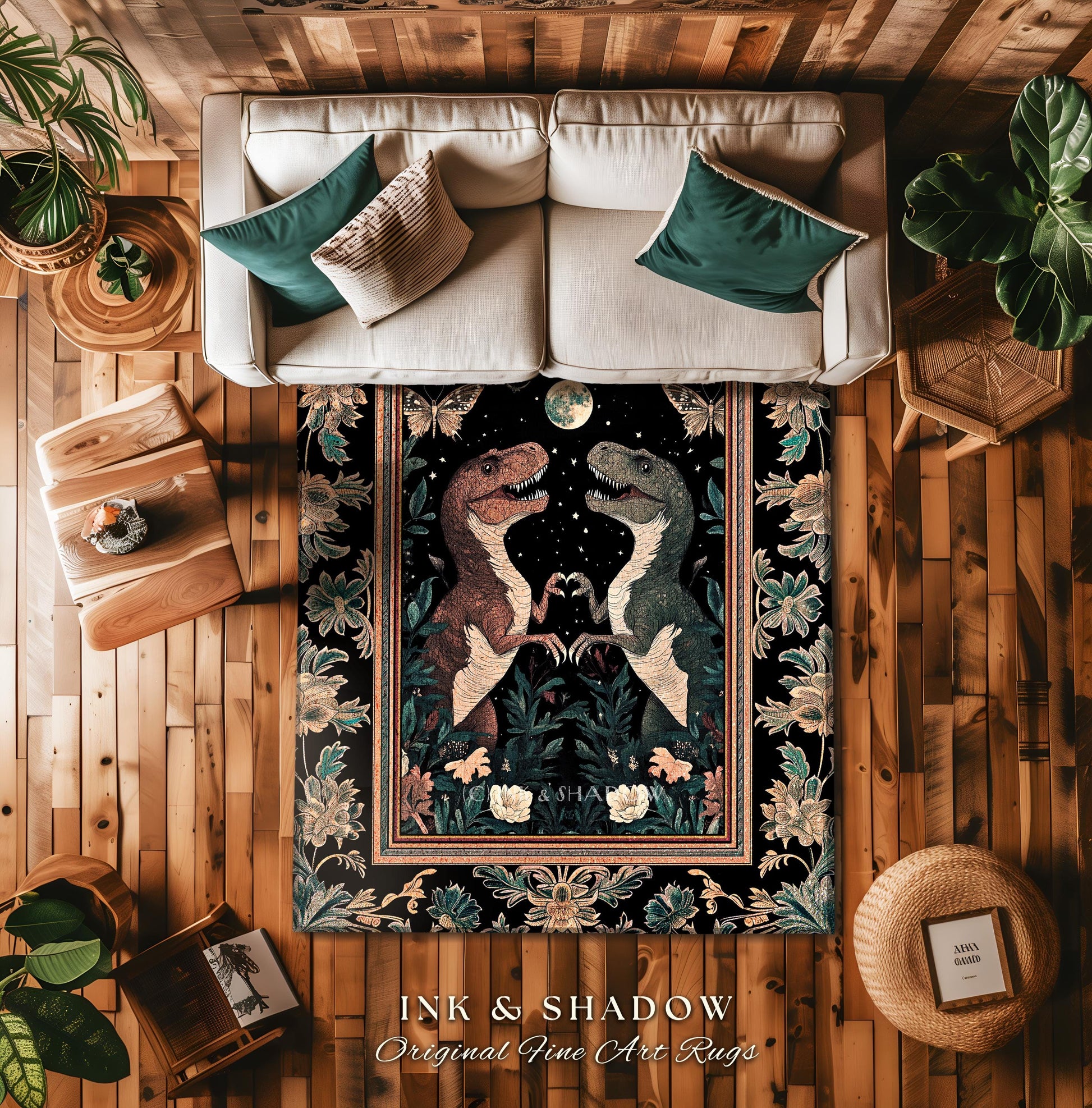 T-Rex Whimsical Academia Area Rug | Dinosaur Accent Rug Ornate Medieval Nightscape Vintage Dark Woodland Gothic Moonlit Moth Bedroom Cute |
