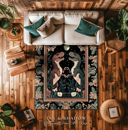 T-Rex Whimsical Academia Area Rug | Dinosaur Accent Rug Ornate Medieval Nightscape Vintage Dark Woodland Gothic Moonlit Moth Bedroom Cute |