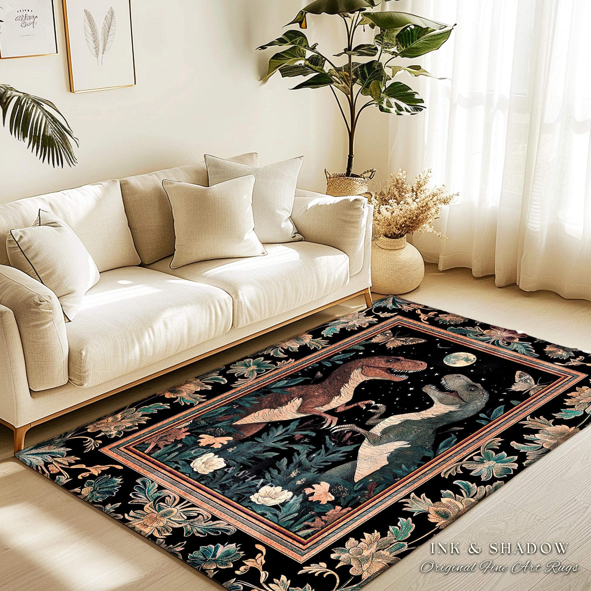 T-Rex Whimsical Academia Area Rug | Dinosaur Accent Rug Ornate Medieval Nightscape Vintage Dark Woodland Gothic Moonlit Moth Bedroom Cute |