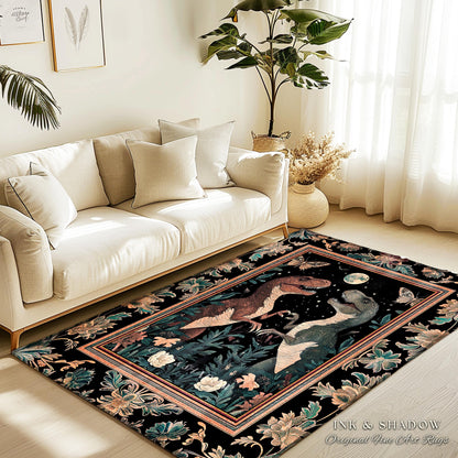 T-Rex Whimsical Academia Area Rug | Dinosaur Accent Rug Ornate Medieval Nightscape Vintage Dark Woodland Gothic Moonlit Moth Bedroom Cute |