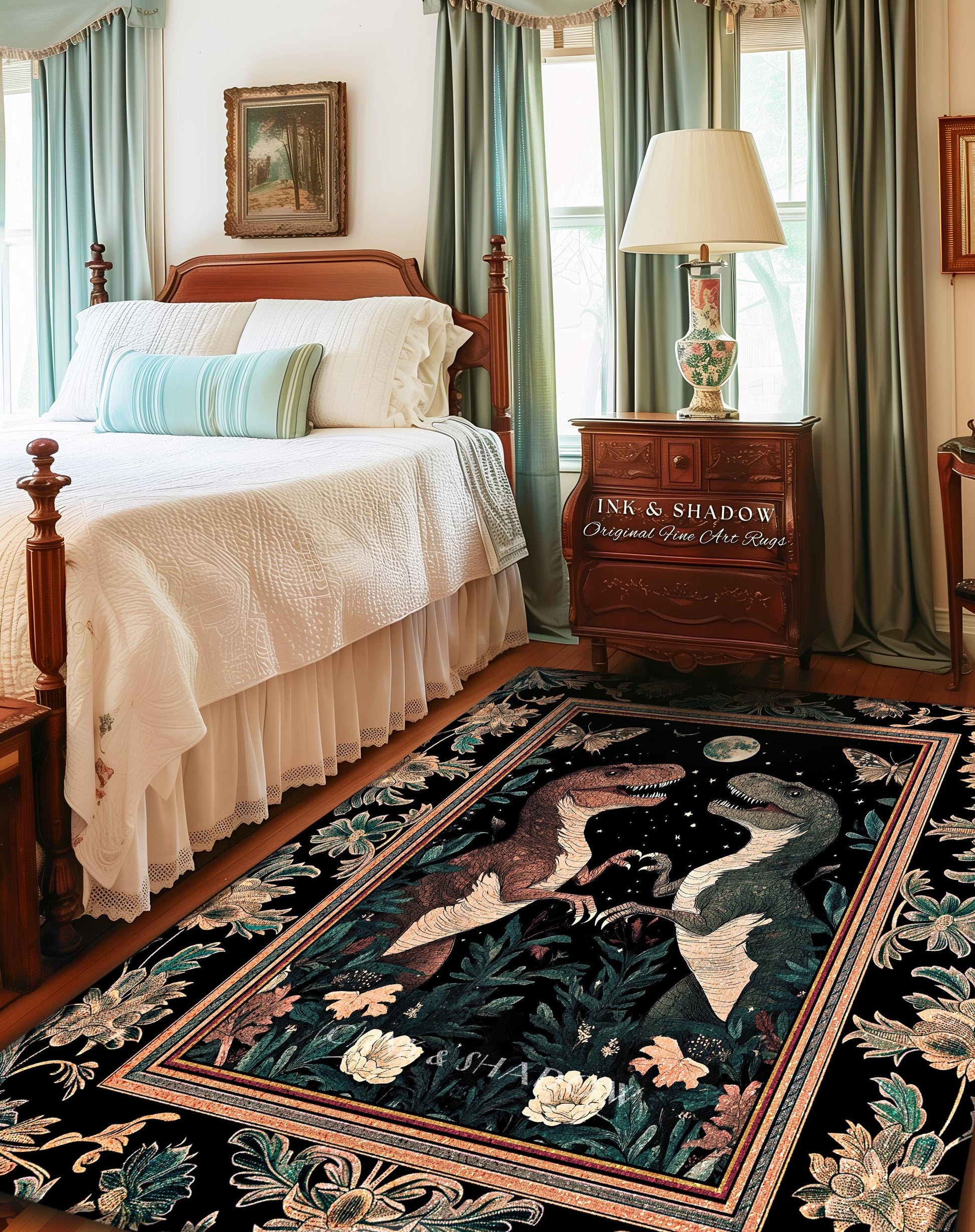 T-Rex Whimsical Academia Area Rug | Dinosaur Accent Rug Ornate Medieval Nightscape Vintage Dark Woodland Gothic Moonlit Moth Bedroom Cute |