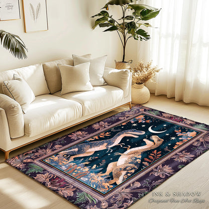 Whimsigoth Dinosaur Rug Celestial T-Rex Starry Night Decor, Mystic Jurassic Forest Fairycore Enchanted Woodland Witchy Magic Cottagecore Art