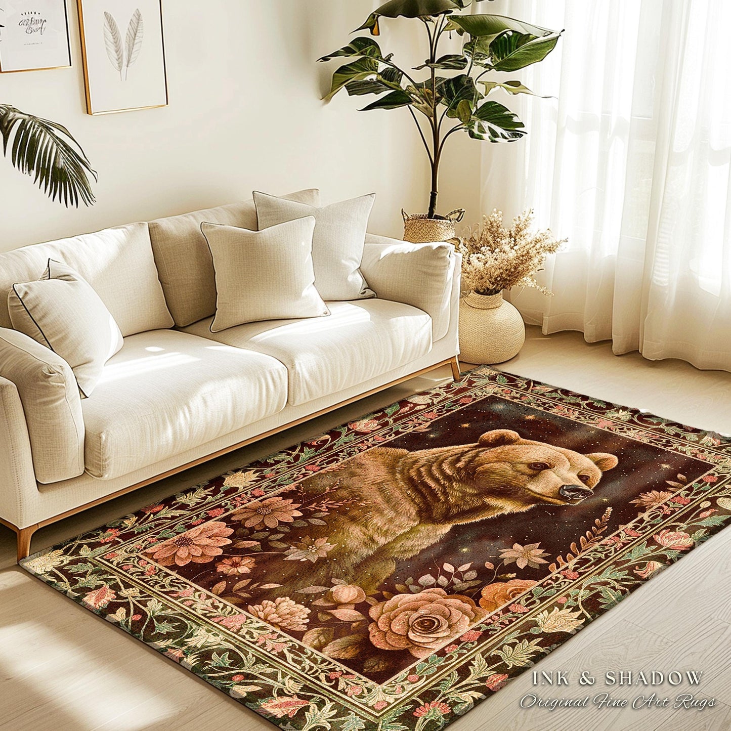 Enchanted Grizzly Bear Rug Mystical Floral Woodland Vintage Cottagecore | Forestcore Botanical Art Rustic Decor Fairycore Aesthetic Accent