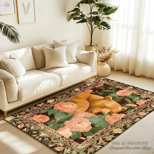 Sleeping Bear Flower Garden Rug Dreamy Vintage Whimsical Wildlife Decor | Boho Country Cottage Woodland Whimsy Floral Botanical Forestcore