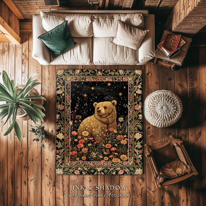 Fairytale Bear Rug Enchanted Woodland Celestial Wildflower Starscape | Whimsical Dark Floral Fairycore Magic Whimsigoth Foestcore Home Decor