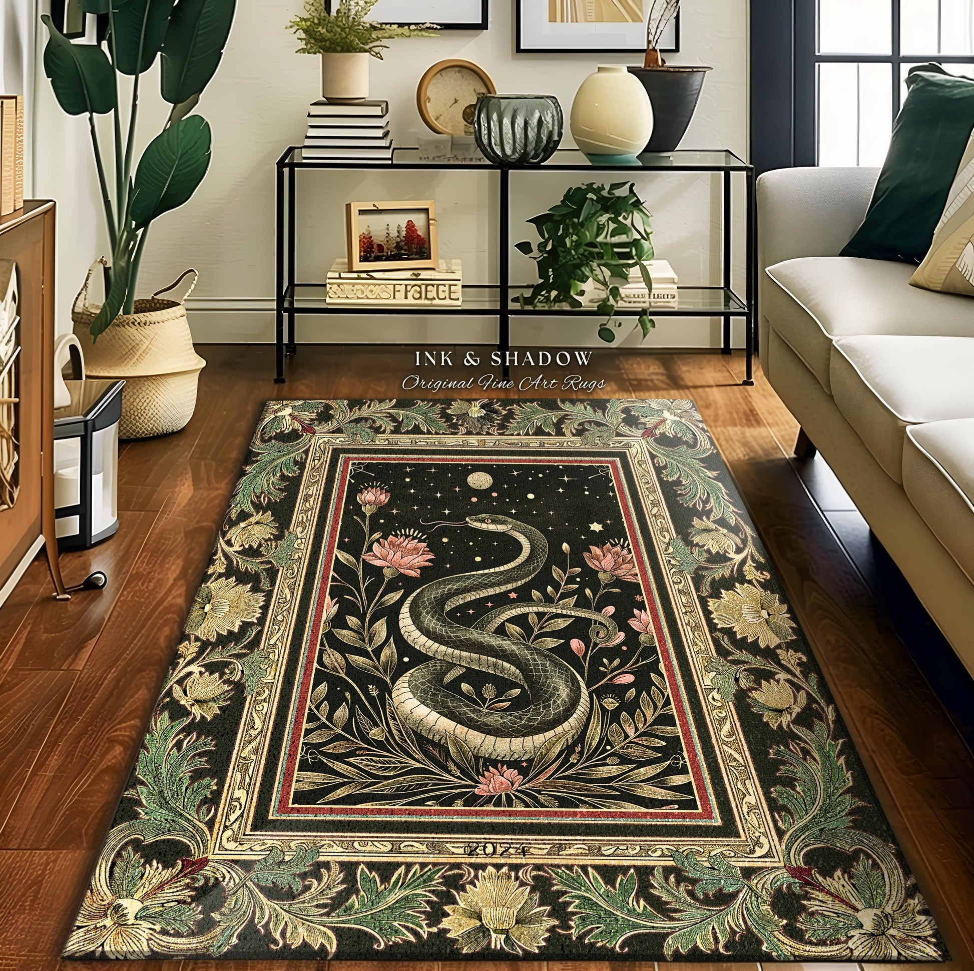 Celestial Serpent Rug Enchanted Floral Gothic Decor | Mystical Moonlit Forest Medieval Snake Art Dark Academia Vintage Baroque Home Accent