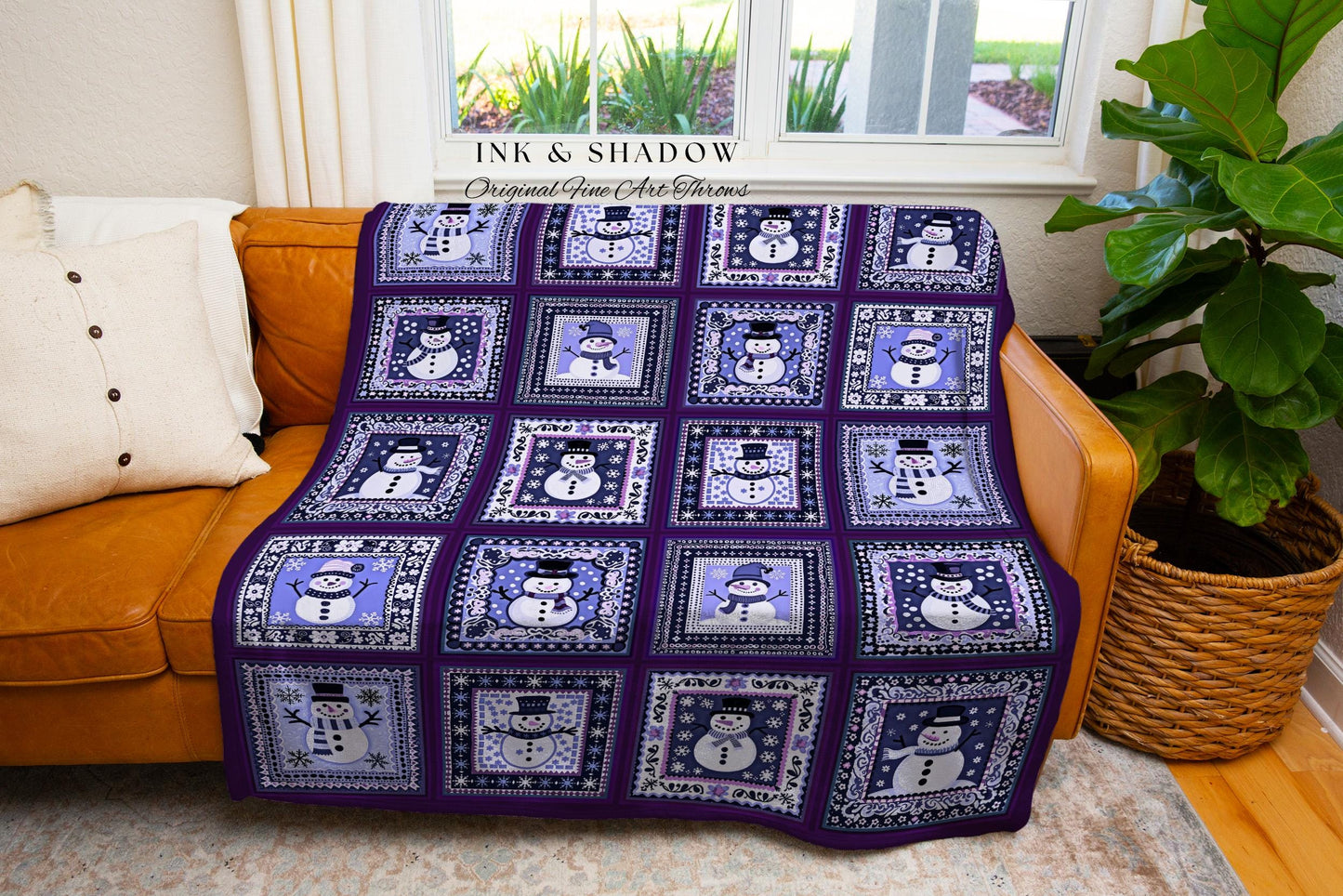 Retro Purple Snowman Patchwork Blanket Winter Wonderland Decor | Boho Cottagecore Christmas Throw Vintage Scandinavian Folk Art Holiday Home