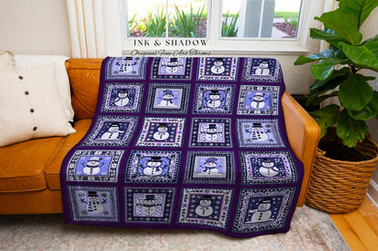 Retro Purple Snowman Patchwork Blanket Winter Wonderland Decor | Boho Cottagecore Christmas Throw Vintage Scandinavian Folk Art Holiday Home